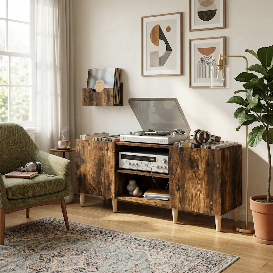 Meuble vinyle en bois dans salon vintage et moderne