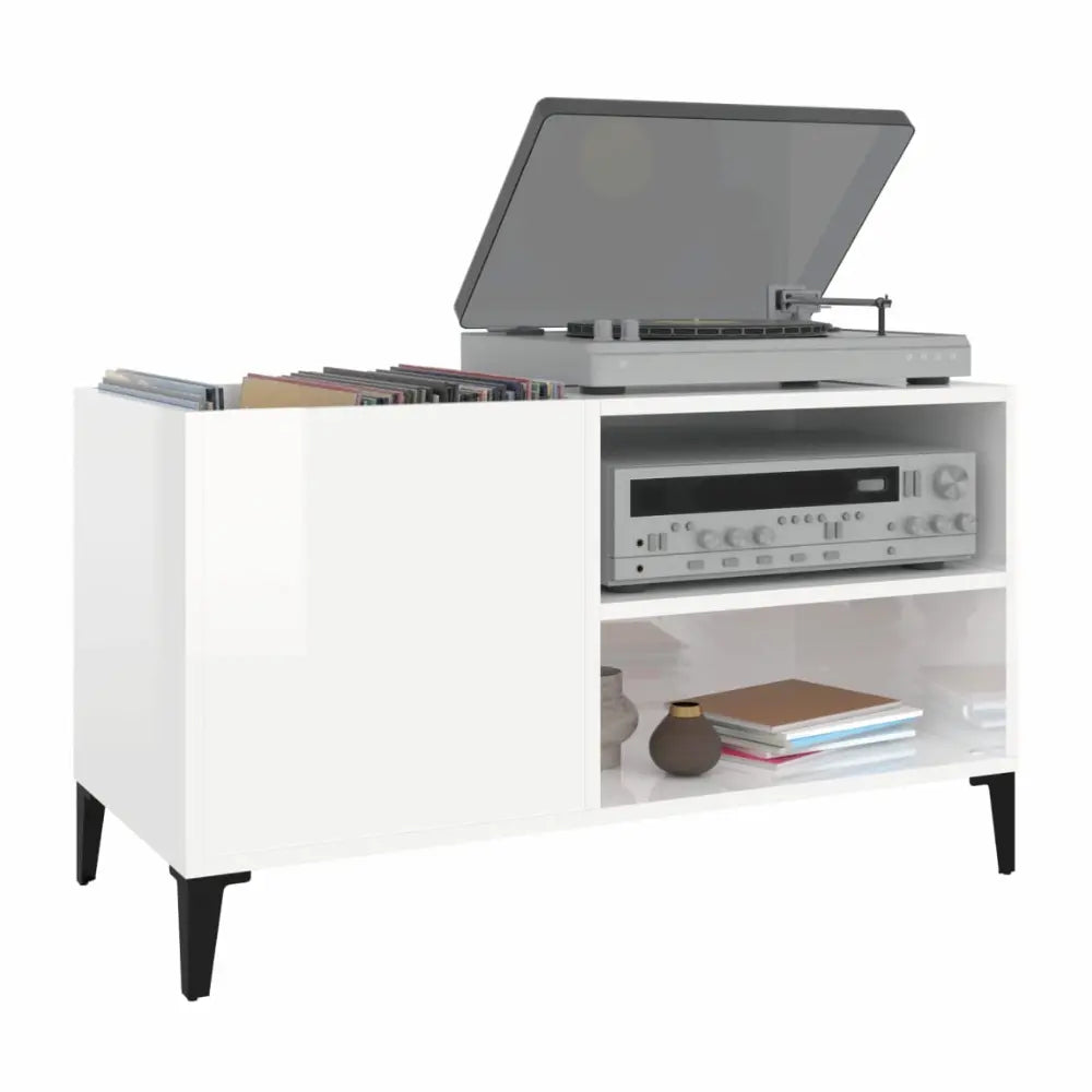meuble vinyle en bois blanc brillant aux dimensions 84,5 x 38 x 48 cm sur fond blanc
