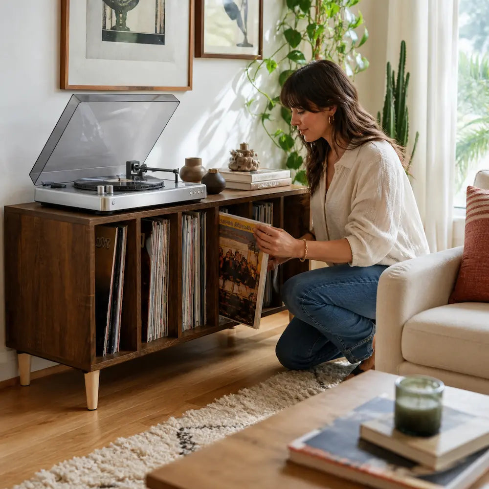 Meuble vinyle pour platine - Chêne marron - 100 x 38 x 48 cm