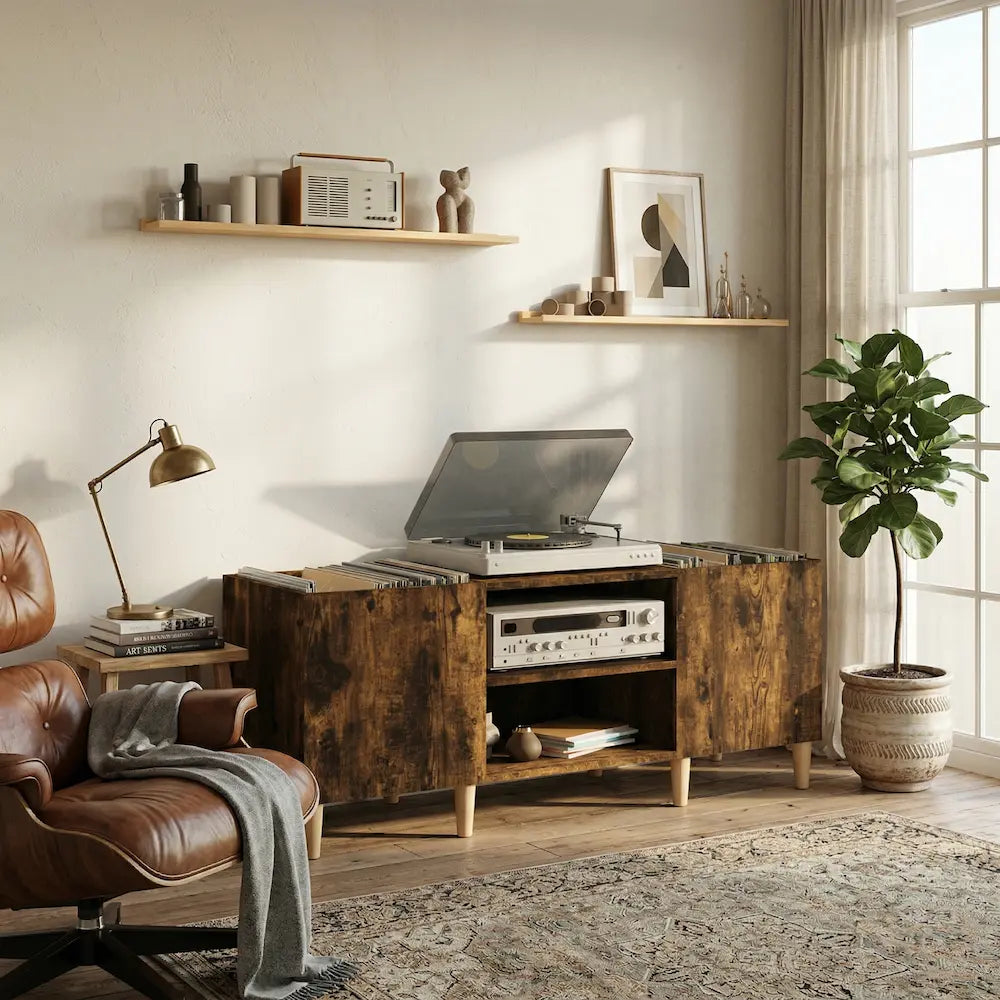 meuble vinyle en chêne fumé avec dimensions 121 x 38 x 48 cm dans salon moderne vintage