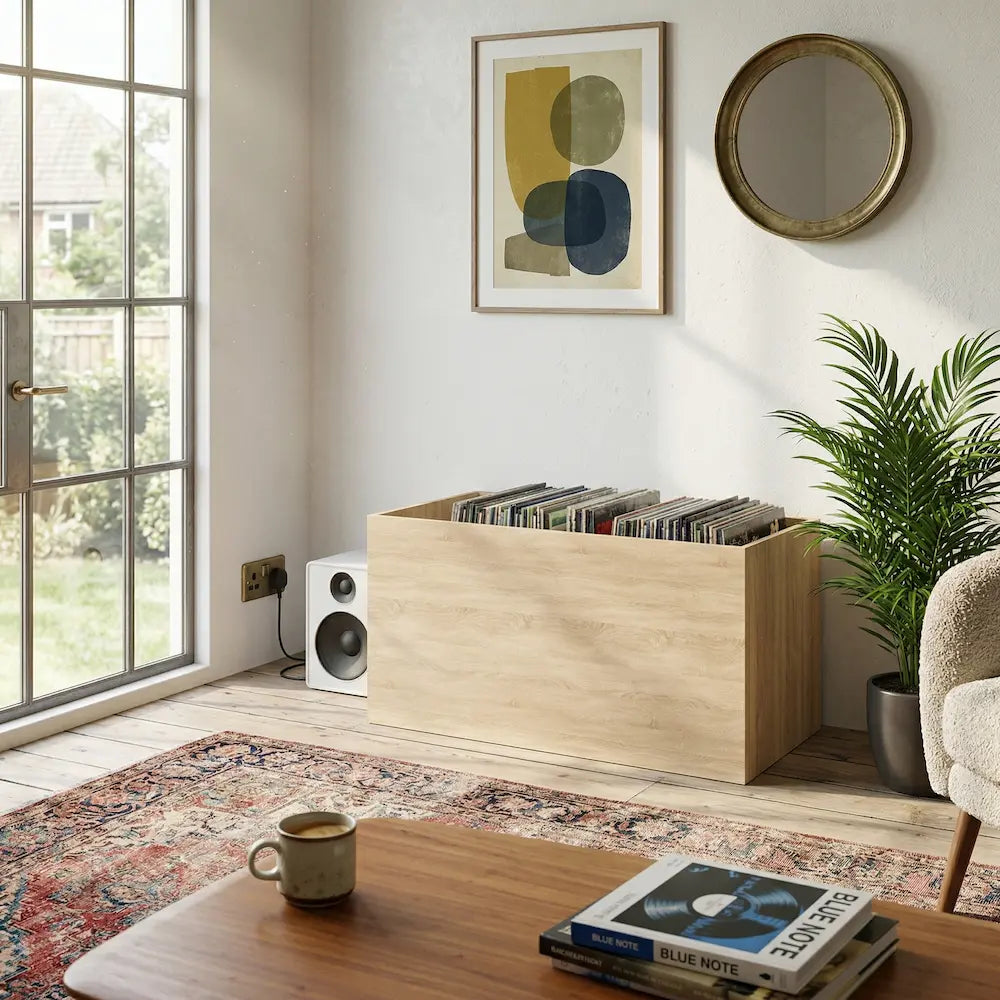 meuble bac rangement vinyle en chêne sonoma aux dimensions 71 x 34 x 36 cm dans salon moderne