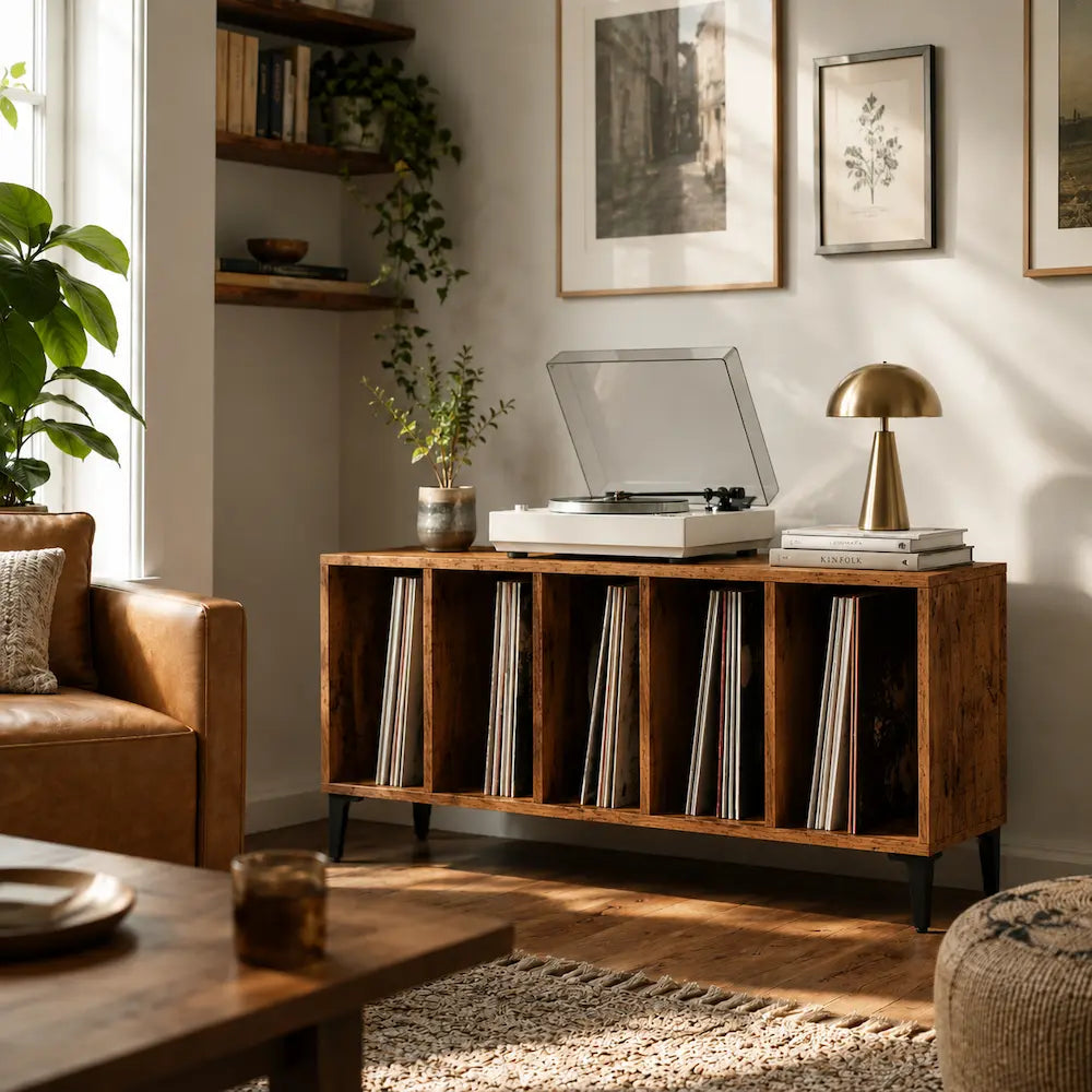 Meuble vinyle pour platine - Vieux bois - 100 x 38 x 48 cm