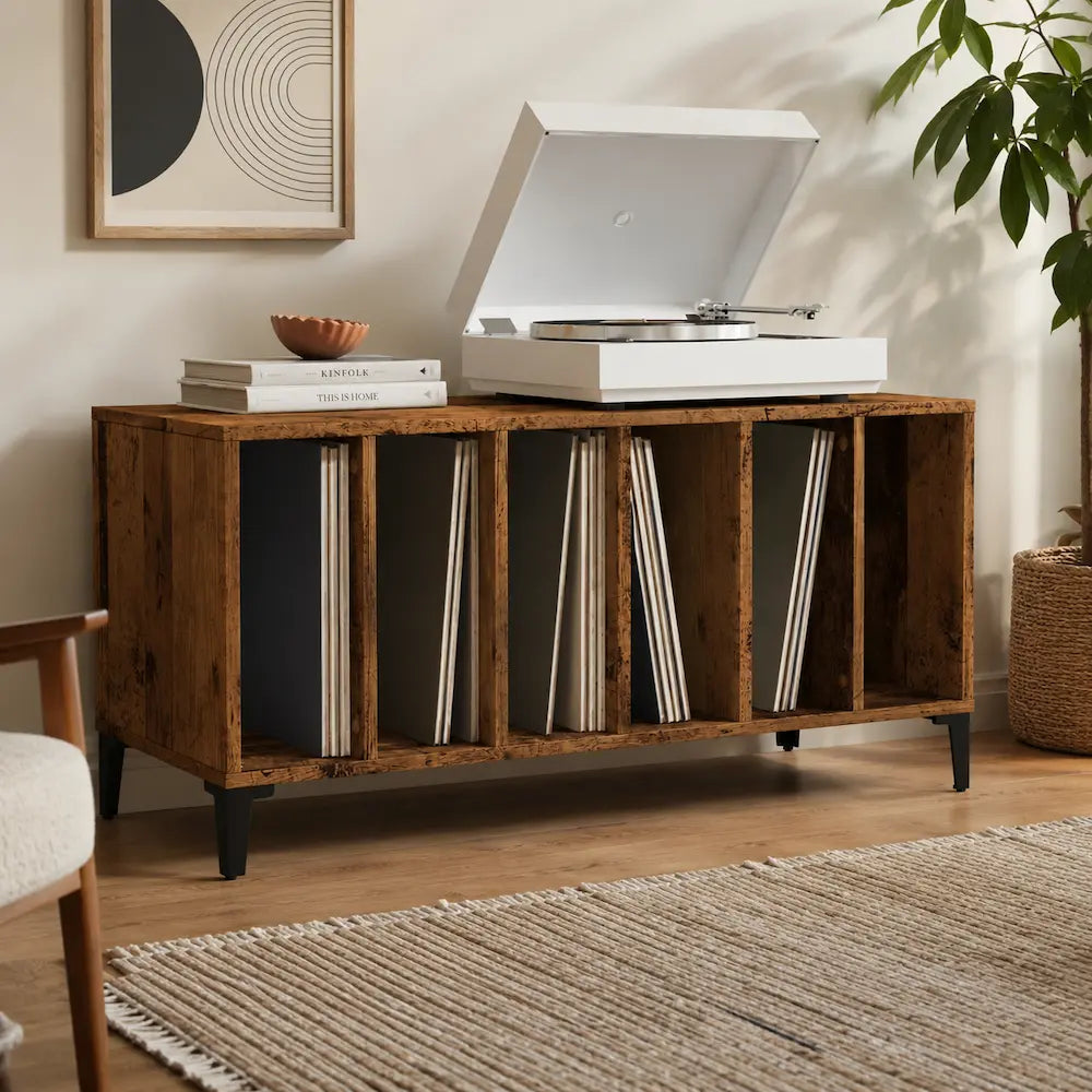 meuble vinyle en bois foncé pour platine