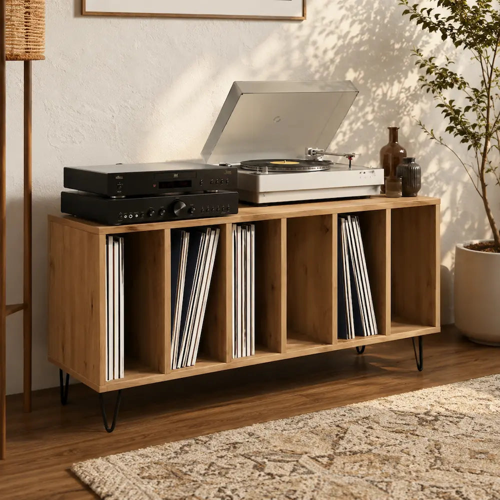 meuble pour vinyles et platine couleur bois clair chêne