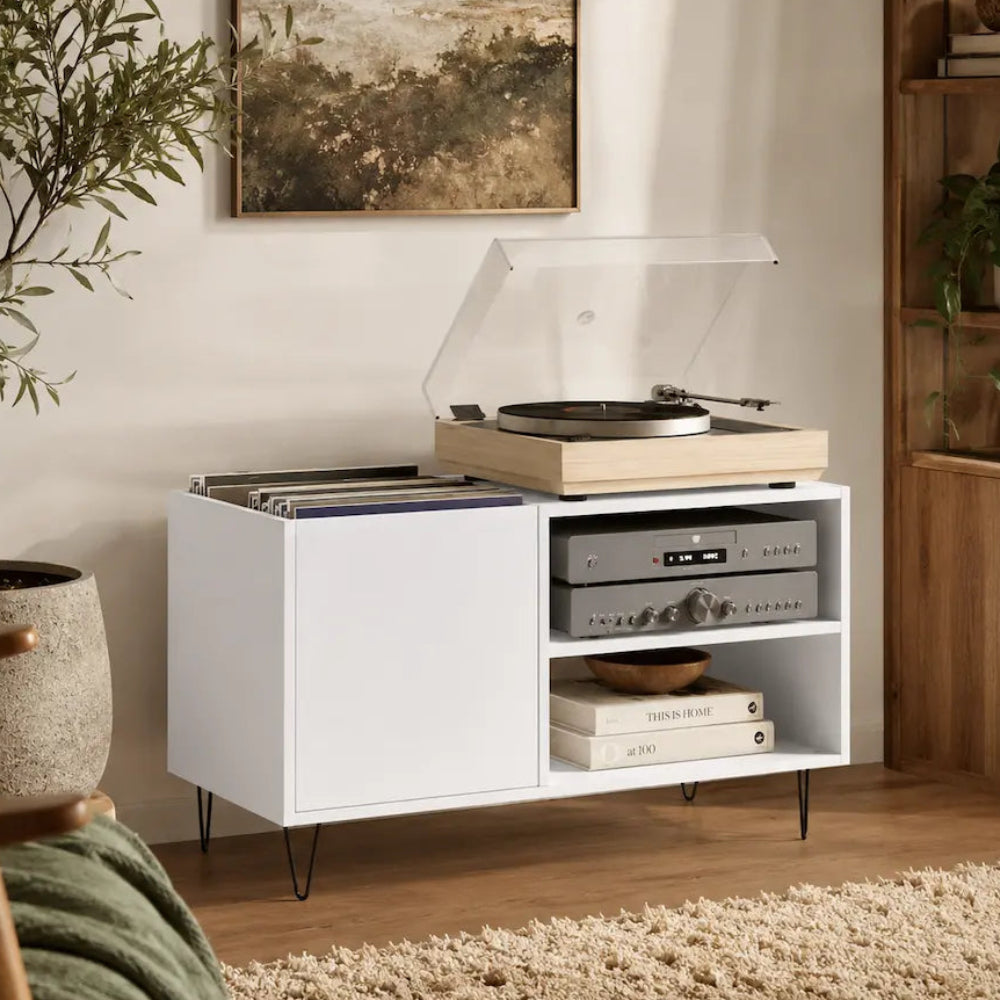 meuble pour platine et vinyles en bois couleur blanc