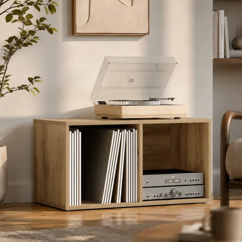 Meuble pour vinyles en bois clair 3 en 1