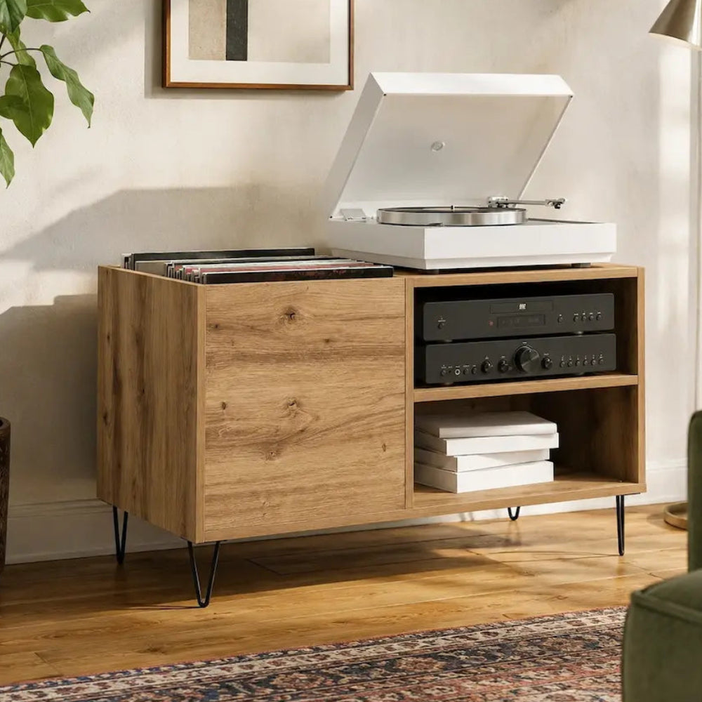 meuble pour platine vinyles en bois clair chêne