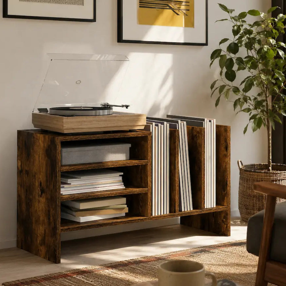 meuble vinyle en bois couleur chêne fumé
