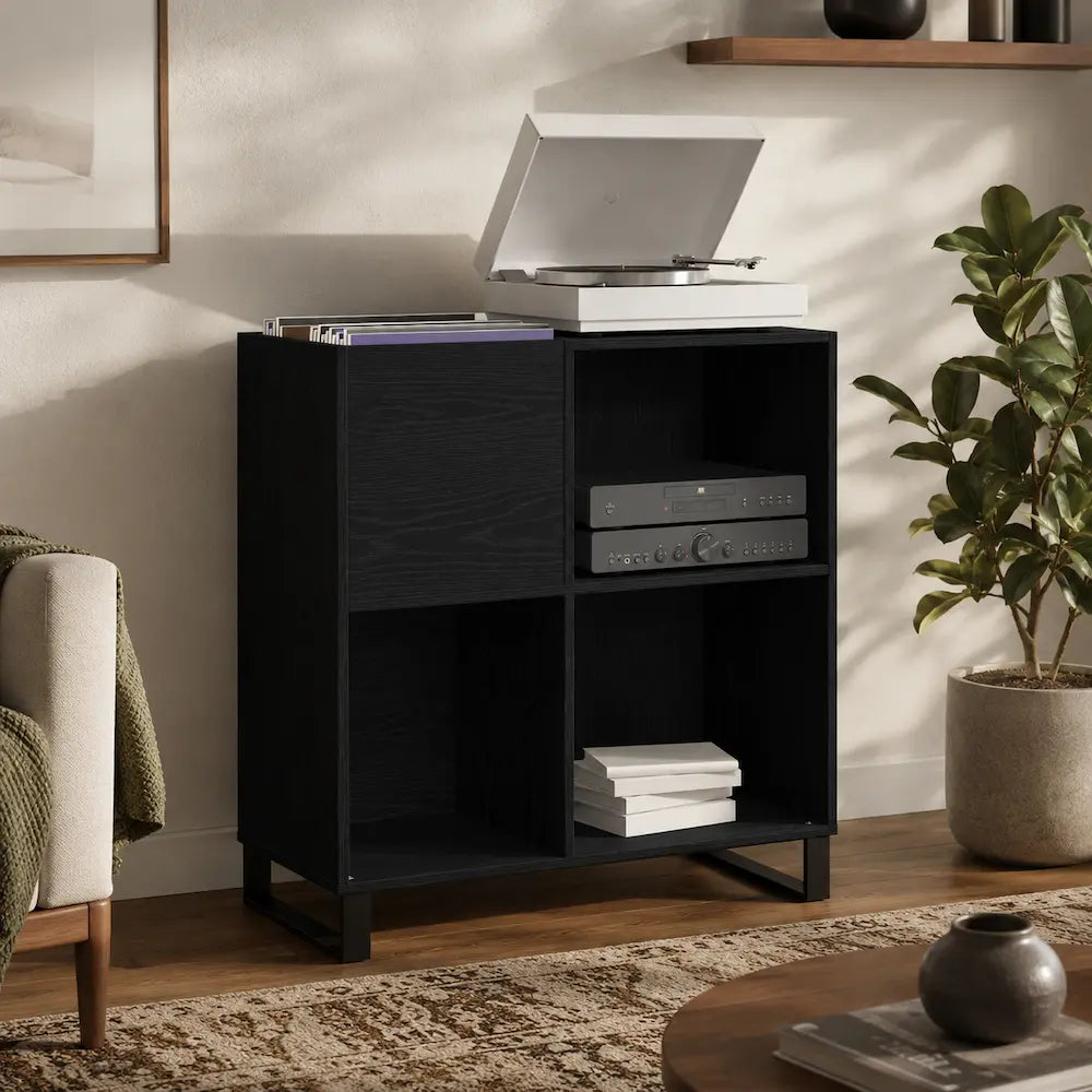meuble pour vinyles et platine couleur chêne noir bois