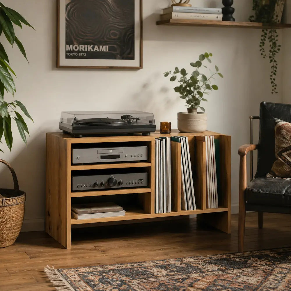 meuble à vinyles chêne artisanal bois clair moderne