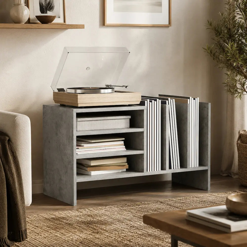 meuble en bois pour disques vinyles couleur gris béton