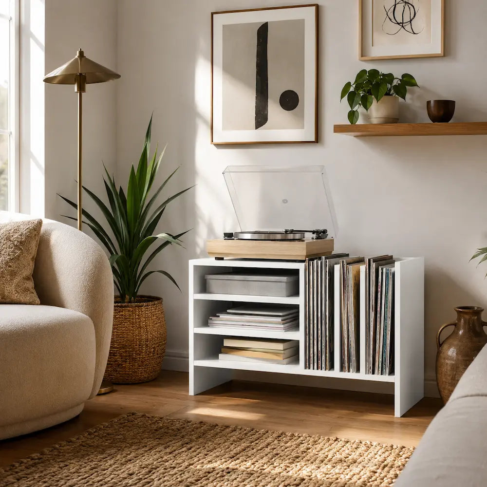 Meuble vinyle pour platine - Bois blanc - 78,5 x 35 x 45 cm