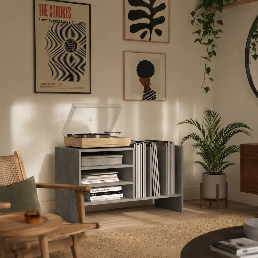 Meuble vinyle pour platine - Gris béton - 78,5 x 35 x 45 cm