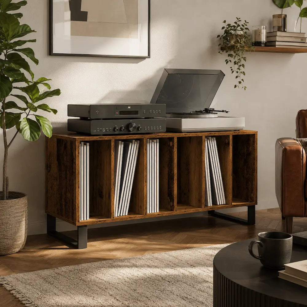 Meuble vinyle pour platine - Bois ancien - 100 x 38 x 48 cm