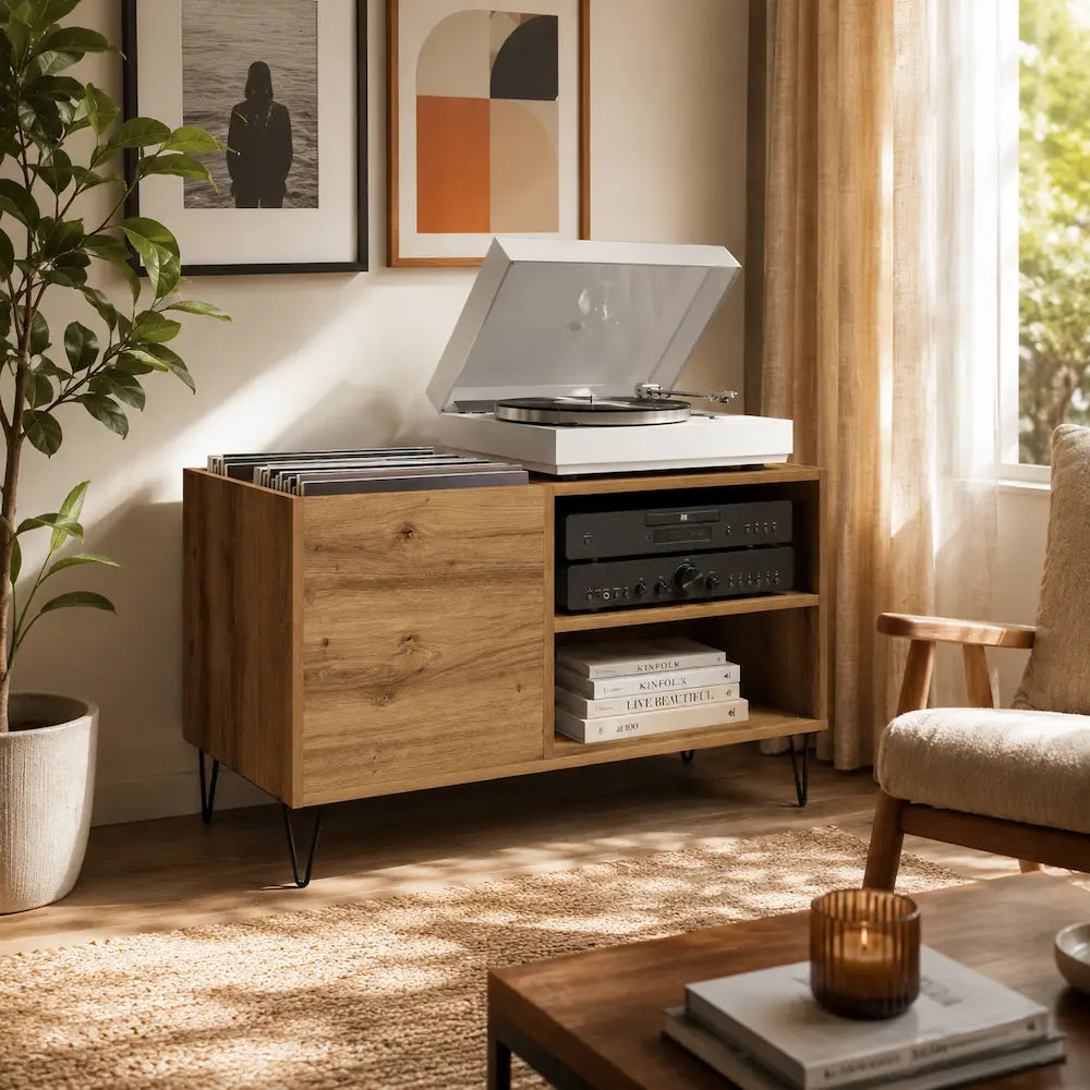 Meuble vinyle pour platine - Chêne artisanal - 84,5 x 38 x 48 cm
