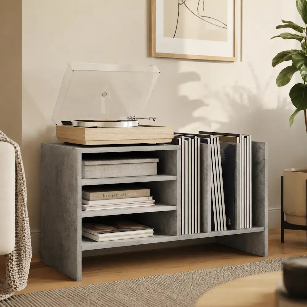 Meuble vinyle pour platine - Gris béton - 78,5 x 35 x 45 cm