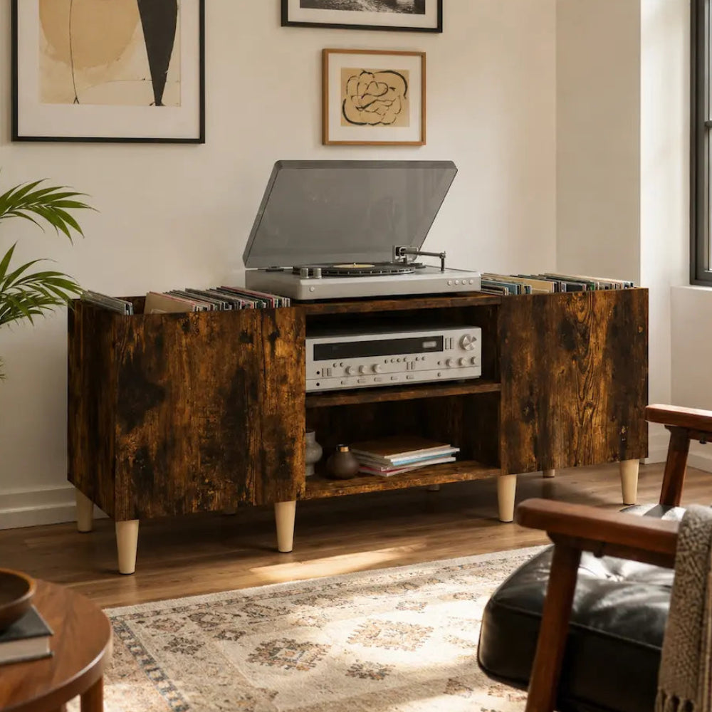 Meuble vinyle pour platine - Chêne fumé - 121 x 38 x 48 cm