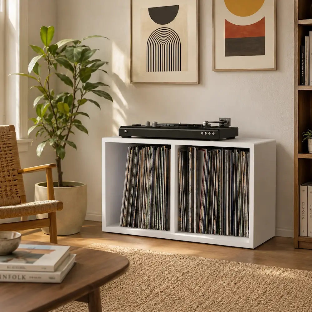 Meuble vinyle pour platine - Bois blanc - 71 x 34 x 36 cm
