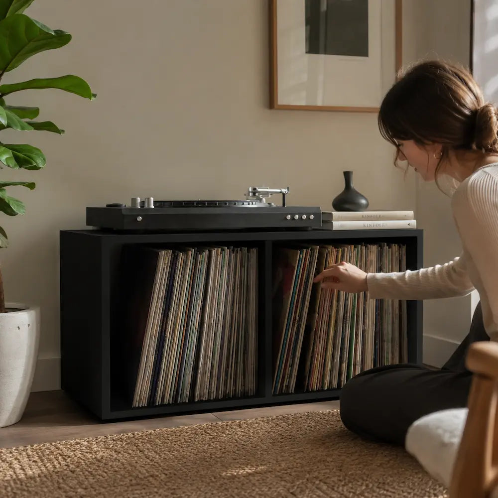 Meuble vinyle pour platine - Bois noir - 71 x 34 x 36 cm