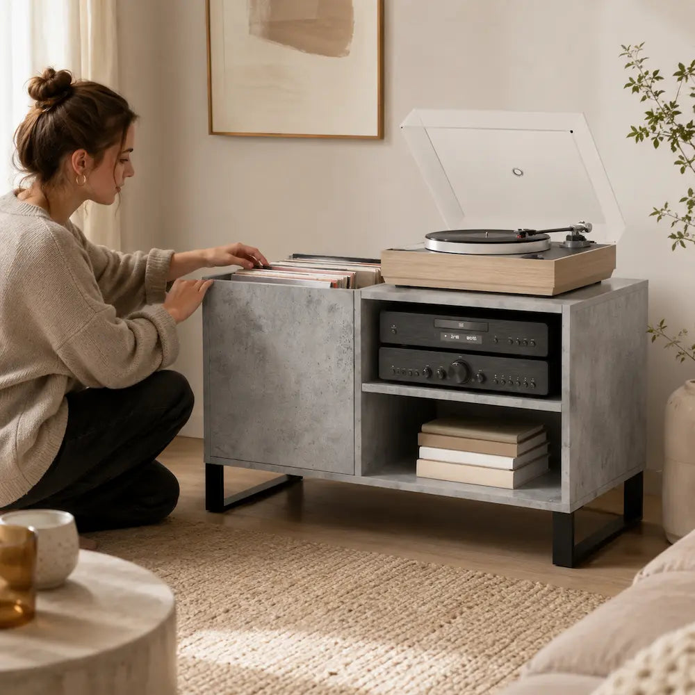 Meuble vinyle pour platine - Gris béton - 85 x 38 x 48 cm
