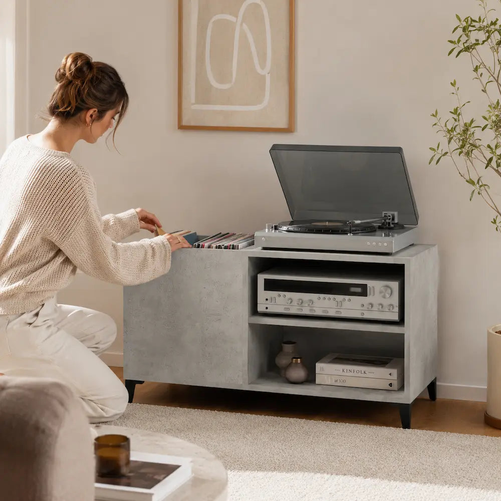 Meuble vinyle pour platine - Bois gris béton - 84,5 x 38 x 48 cm