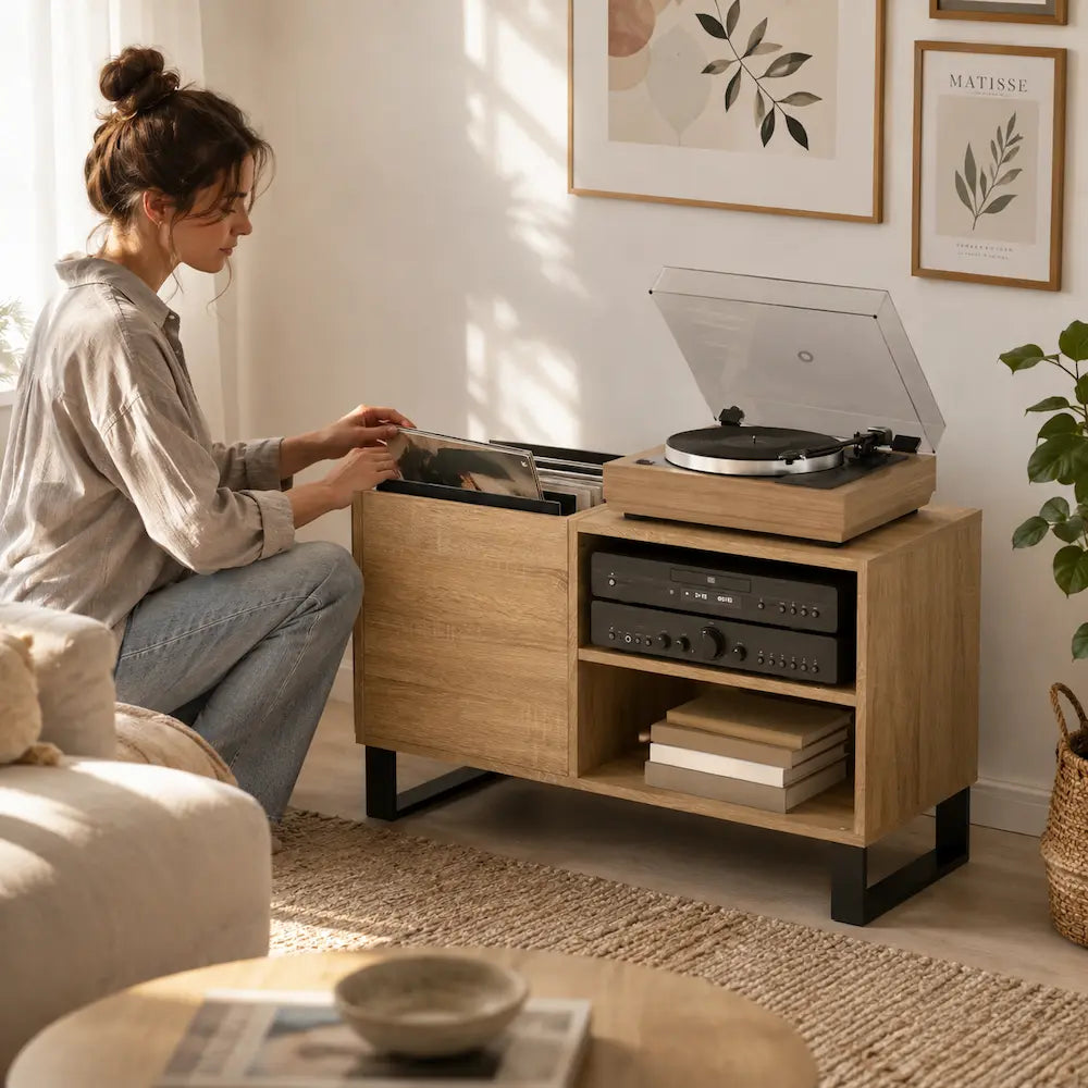 Meuble vinyle pour platine - Chêne sonoma - 85 x 38 x 48 cm
