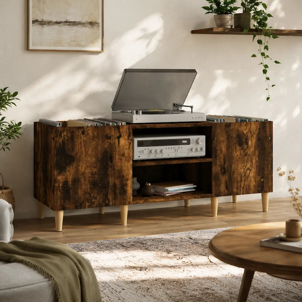 Meuble vinyle pour platine - Chêne fumé - 121 x 38 x 48 cm