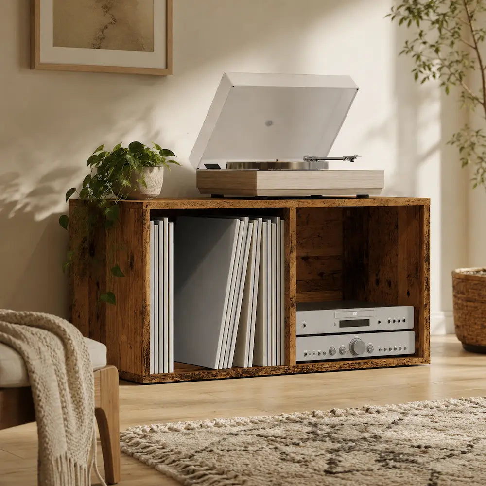 Meuble vinyle pour platine - Vieux bois - 69,5 x 34 x 36 cm