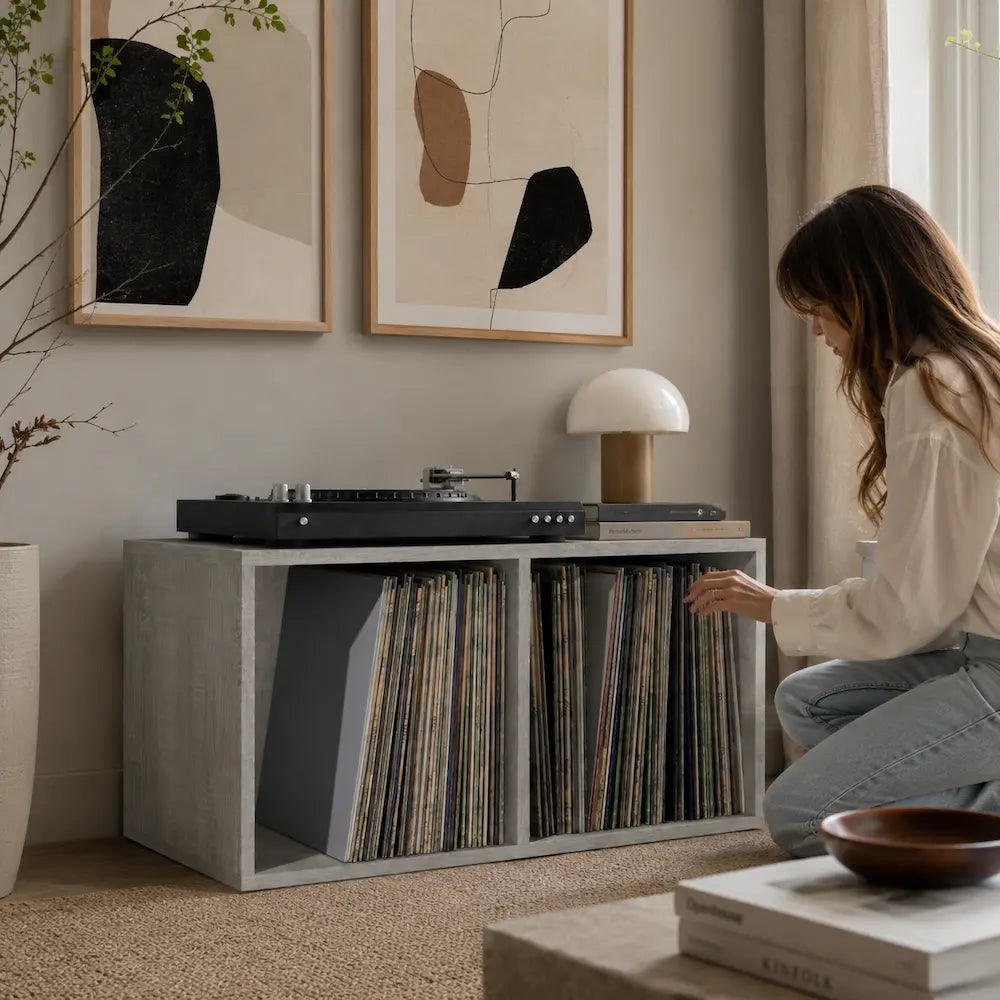 Meuble vinyle pour platine - Gris béton - 71 x 34 x 36 cm
