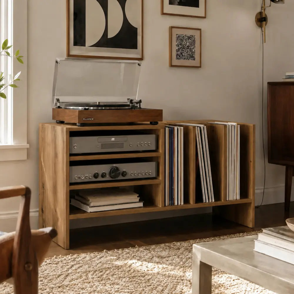 Meuble pour platine et disques vinyles en bois couleur chêne artisanal