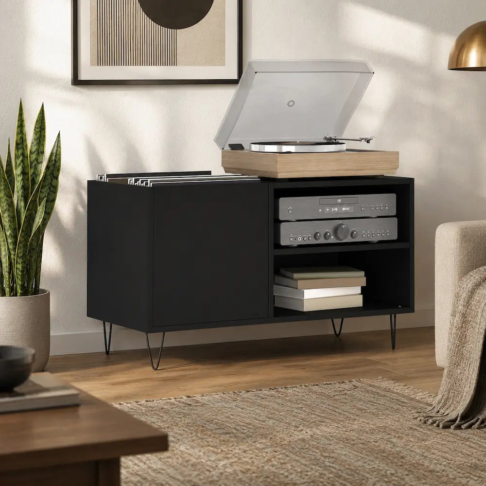 meuble pour platine et vinyles en bois couleur noir