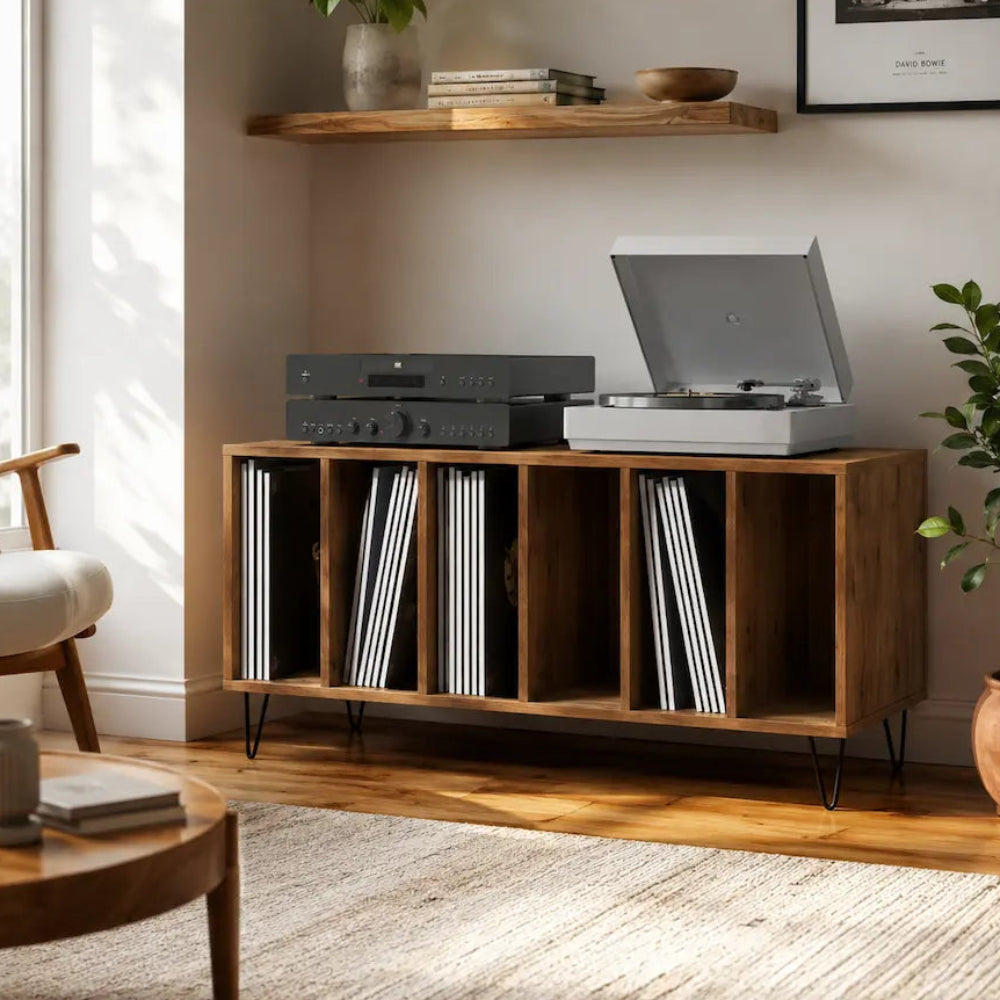 meuble vinyle en bois clair vintage