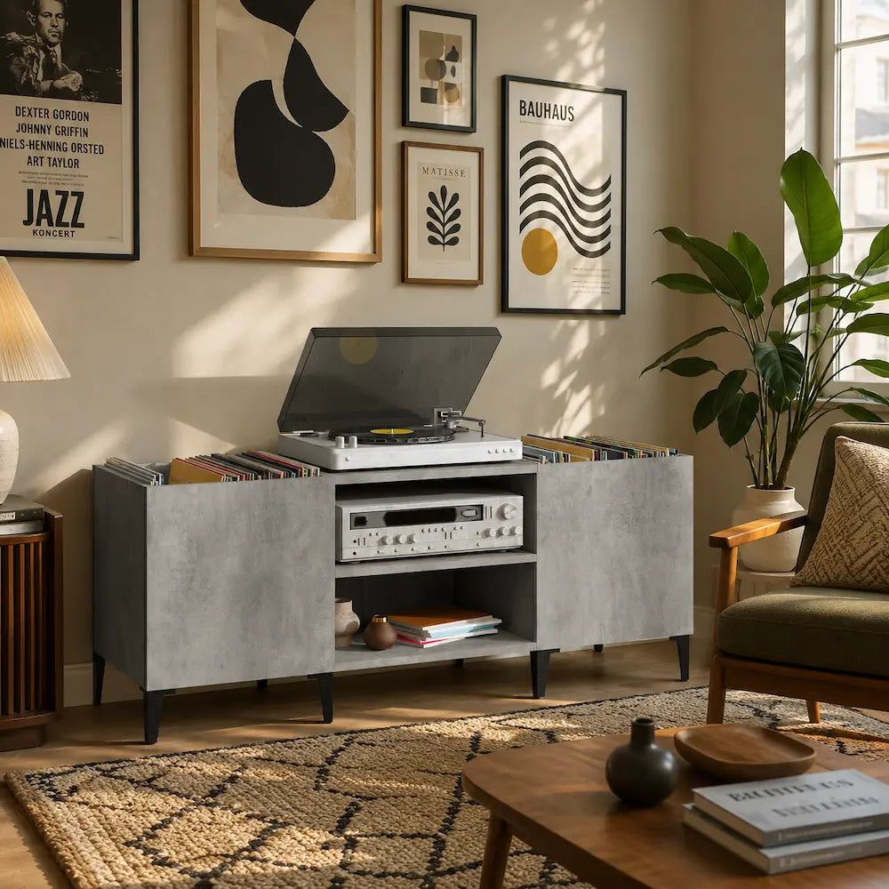 meuble vinyle couleur gris béton style industriel