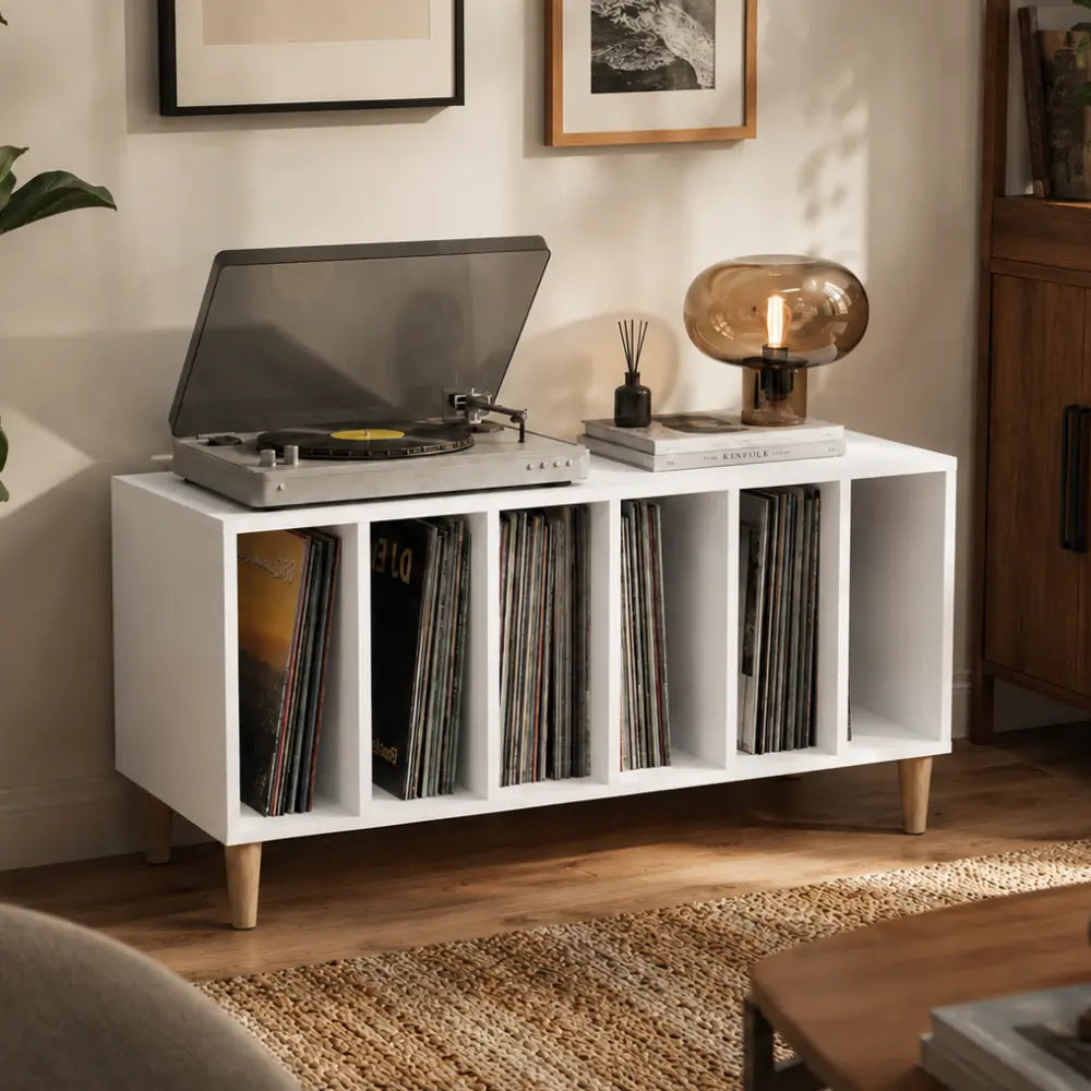 Meuble pour platine et disques vinyles en bois blanc