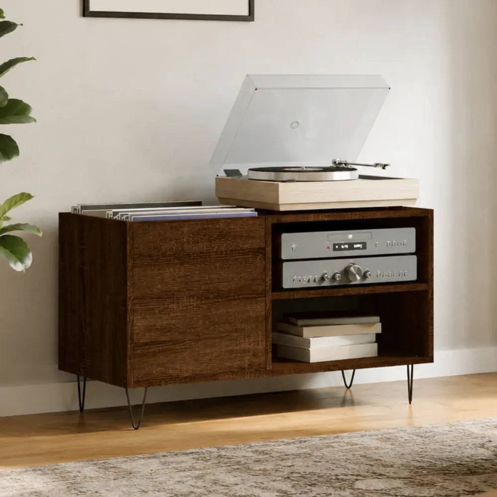 Meuble pour platine et disque vinyles en bois foncé