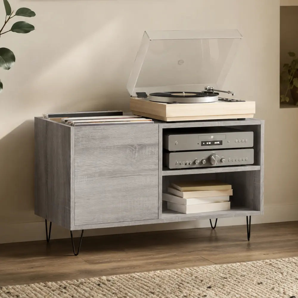 Meuble pour platine et disques vinyles en couleur gris style industriel