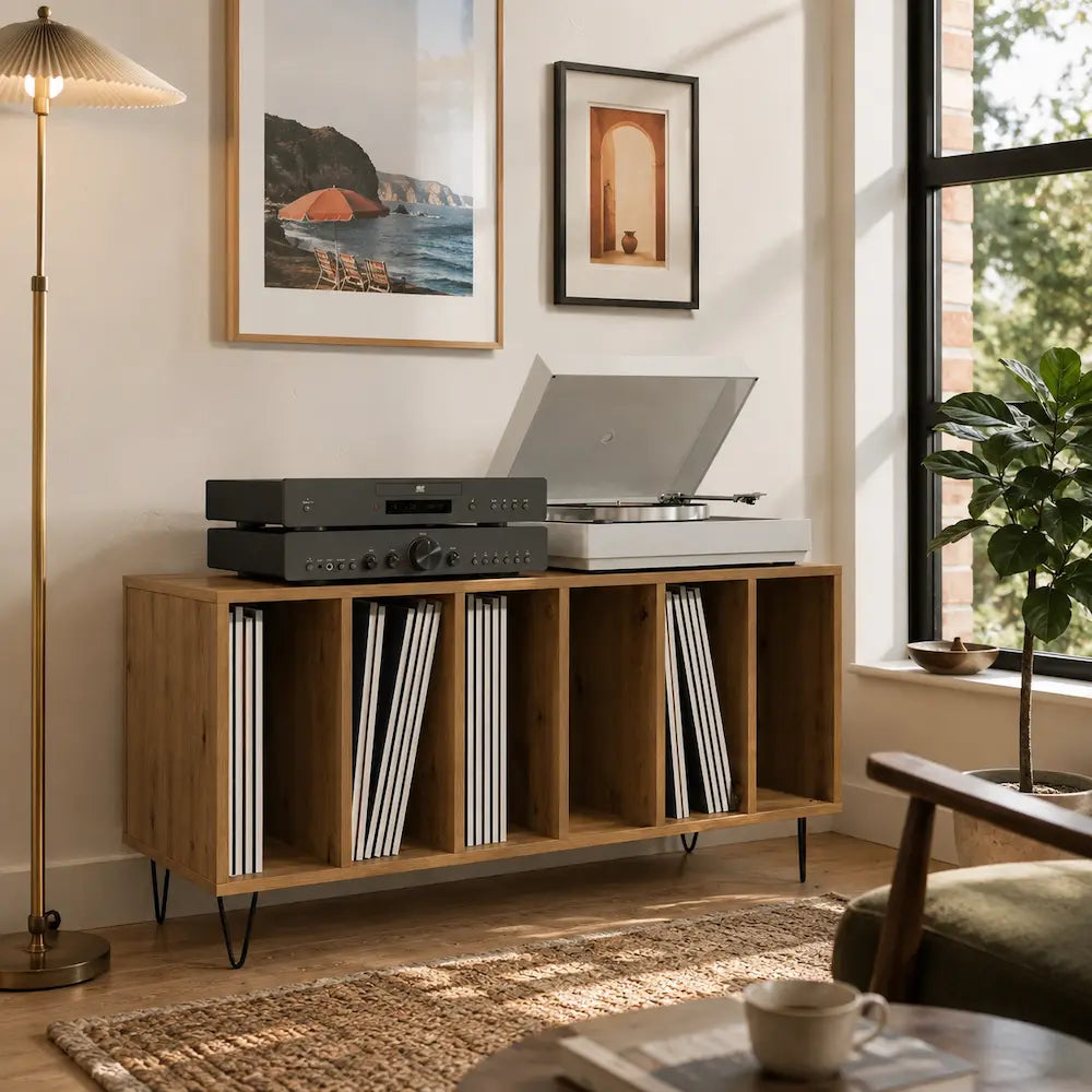 Meuble vinyle pour platine - Chêne artisanal - 100 x 38 x 48 cm
