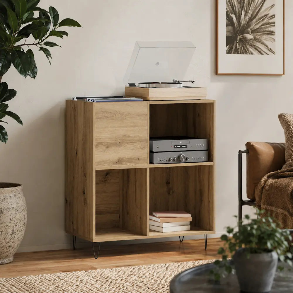 Meuble vinyle pour platine - Chêne artisanal - 85 x 38 x 89 cm