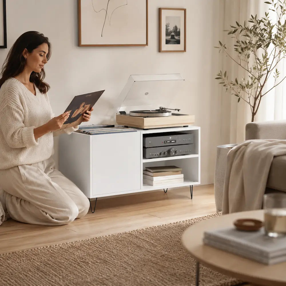 Meuble vinyle pour platine - Bois blanc - 85 x 38 x 48 cm
