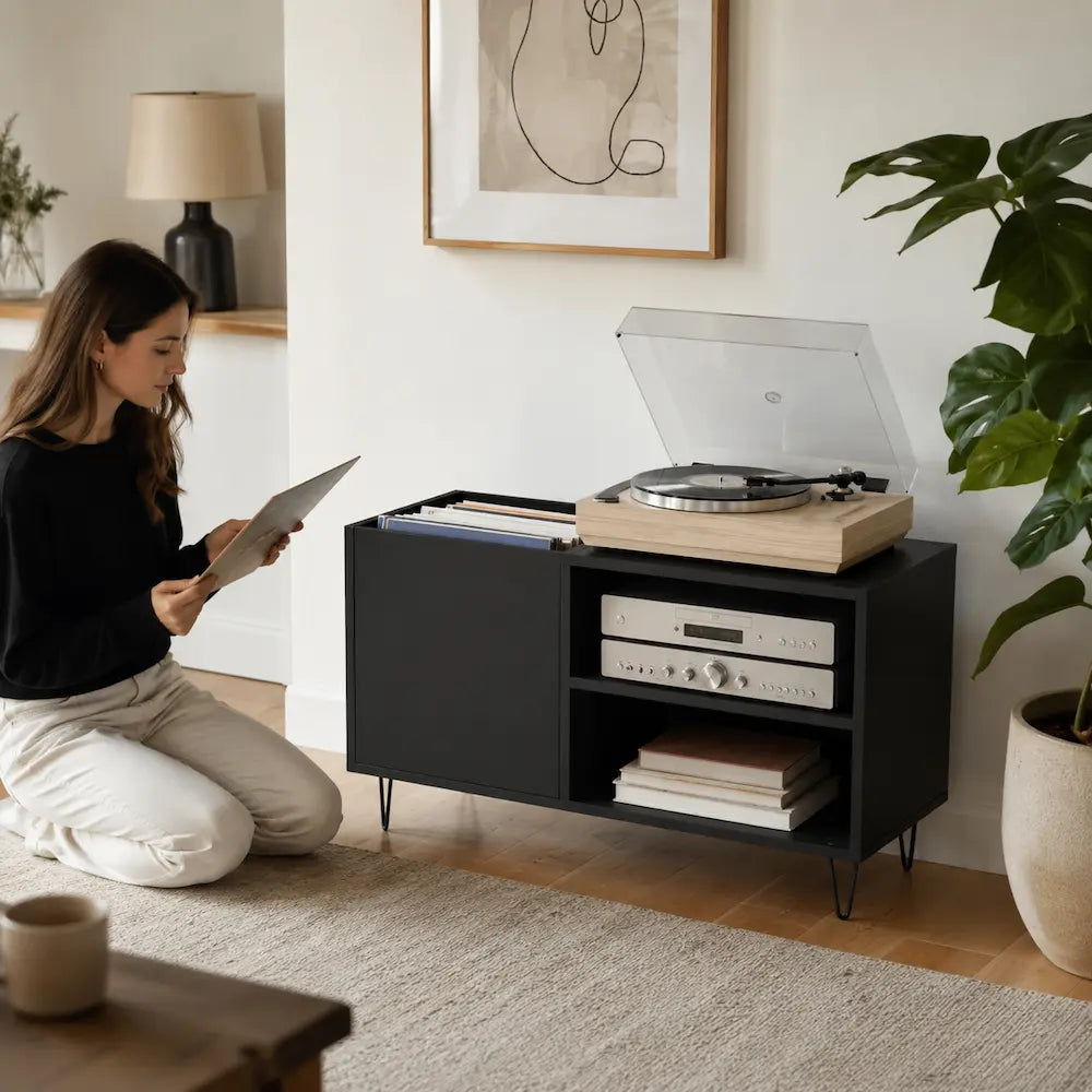 Meuble vinyle pour platine - Bois noir - 85 x 38 x 48 cm