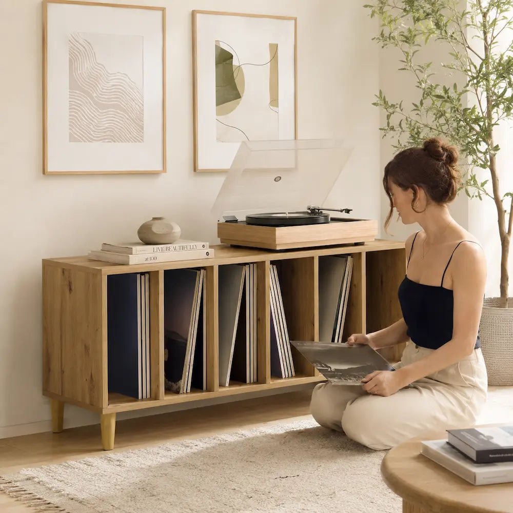 Meuble vinyle pour platine - Chêne artisanal - 100 x 38 x 48 cm