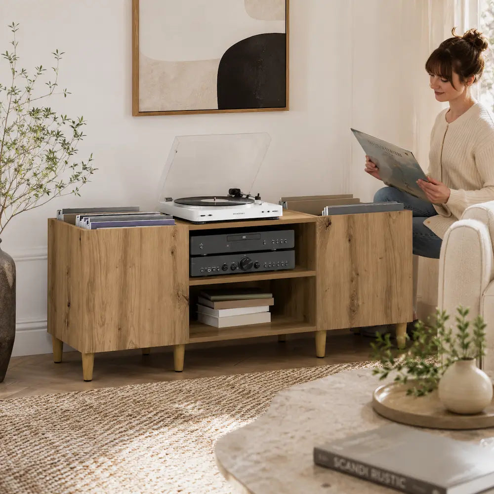 Meuble vinyle pour platine - Chêne artisanal - 121 x 38 x 48 cm