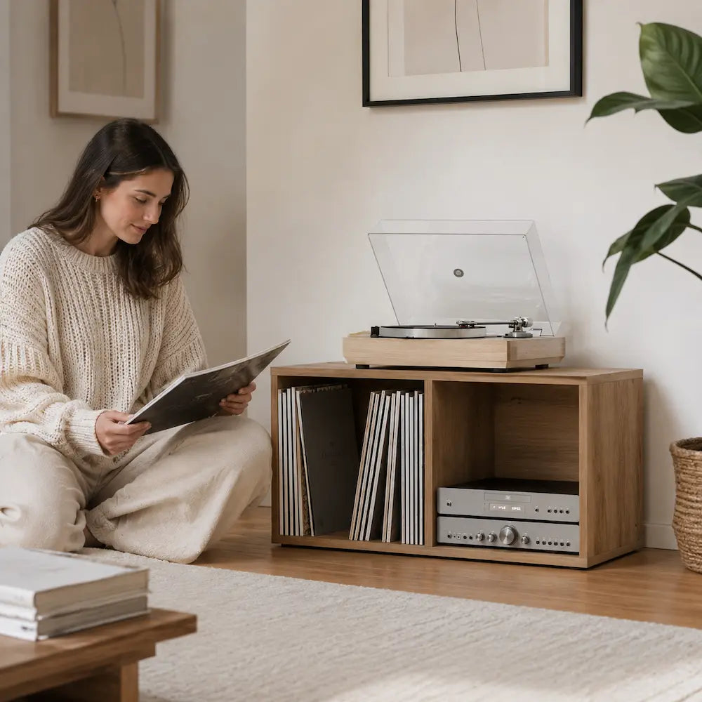 Meuble vinyle pour platine - Chêne artisanal - 69,5 x 34 x 36 cm
