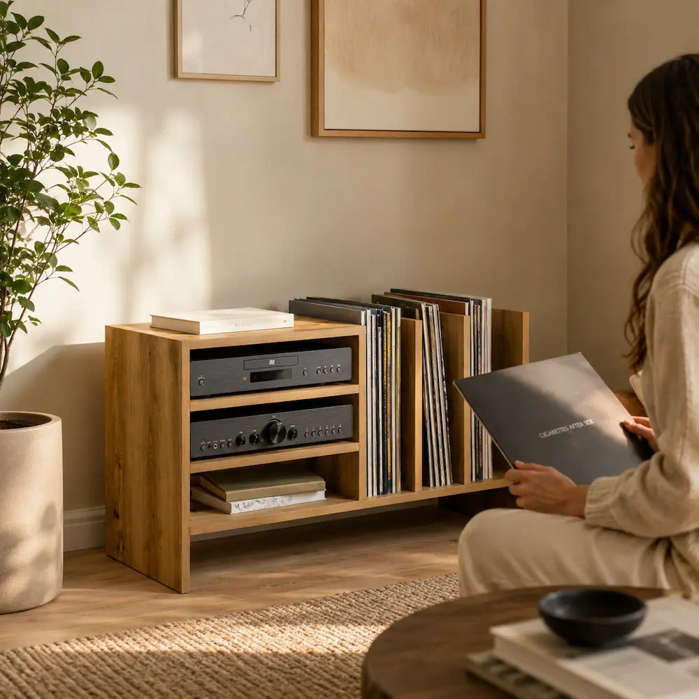 Meuble vinyle pour platine - Chêne artisanal - 78,5 x 35 x 45 cm