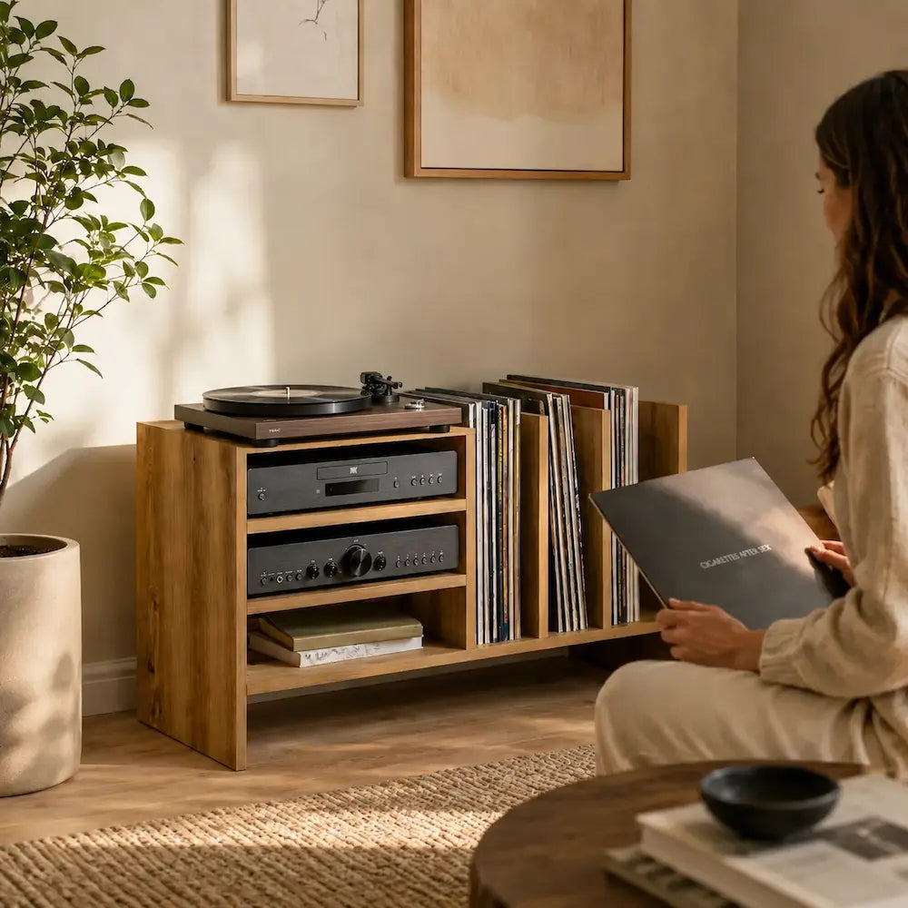 Meuble vinyle pour platine - Chêne artisanal - 78,5 x 35 x 45 cm