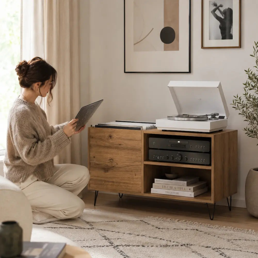 Meuble vinyle pour platine - Chêne artisanal - 84,5 x 38 x 48 cm