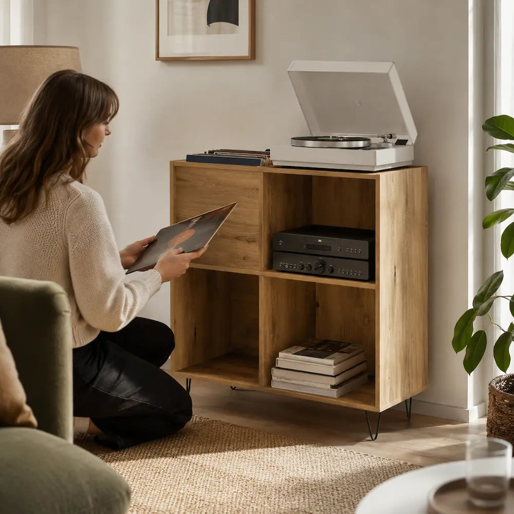 Meuble vinyle pour platine - Chêne artisanal - 85 x 38 x 89 cm