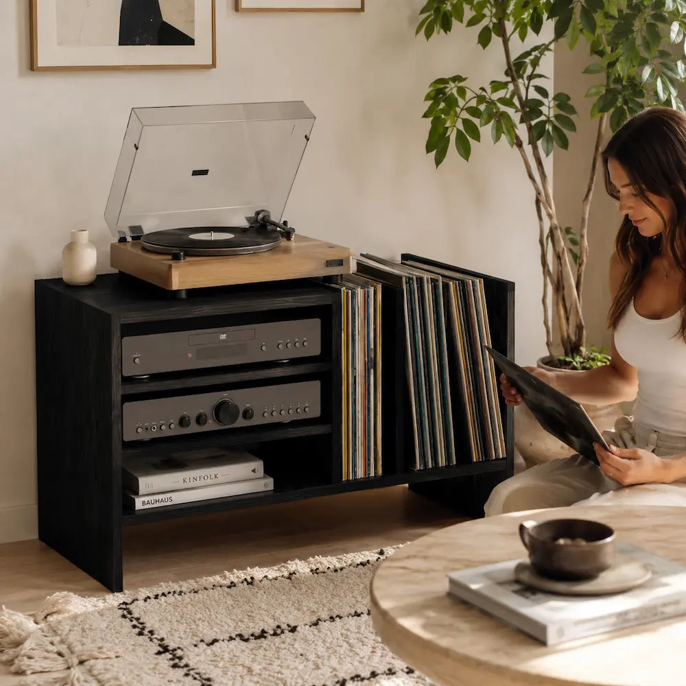 Meuble vinyle pour platine - Chêne noir - 78,5 x 35 x 45 cm