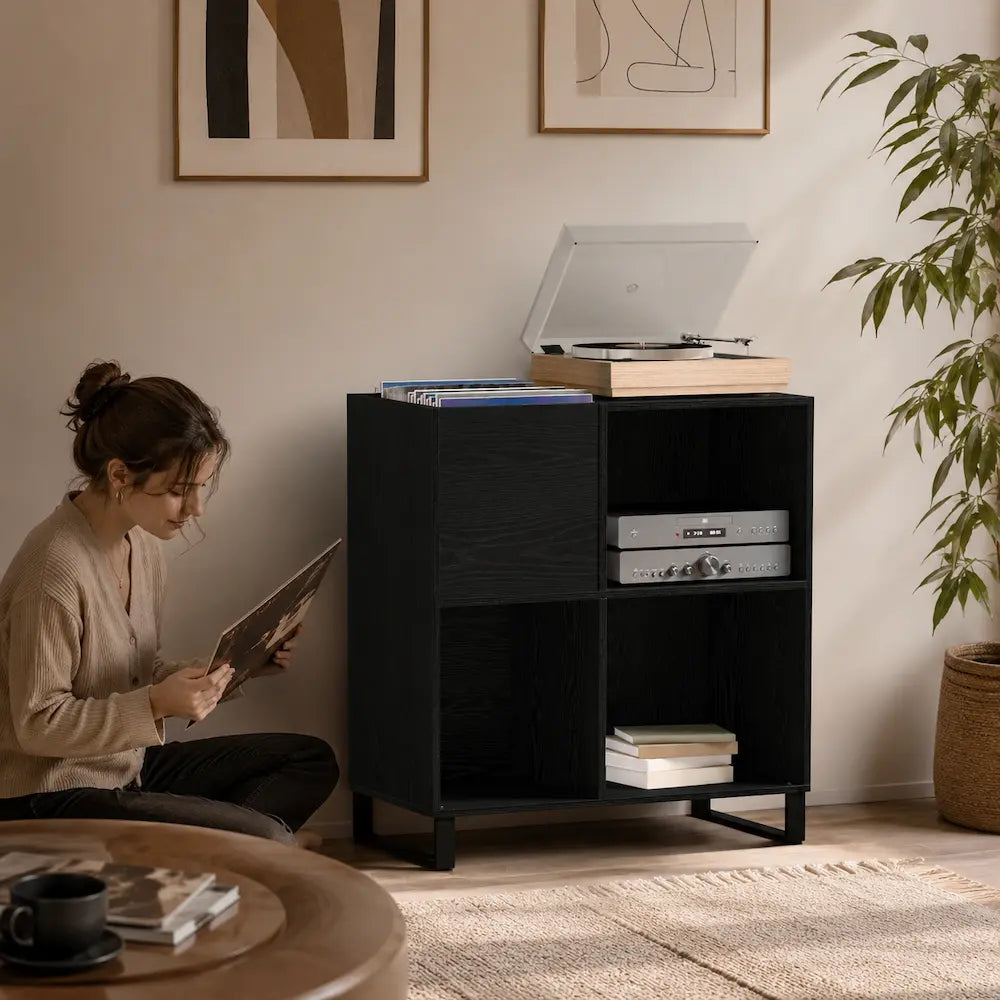 Meuble vinyle pour platine - Chêne noir - 85 x 38 x 89 cm