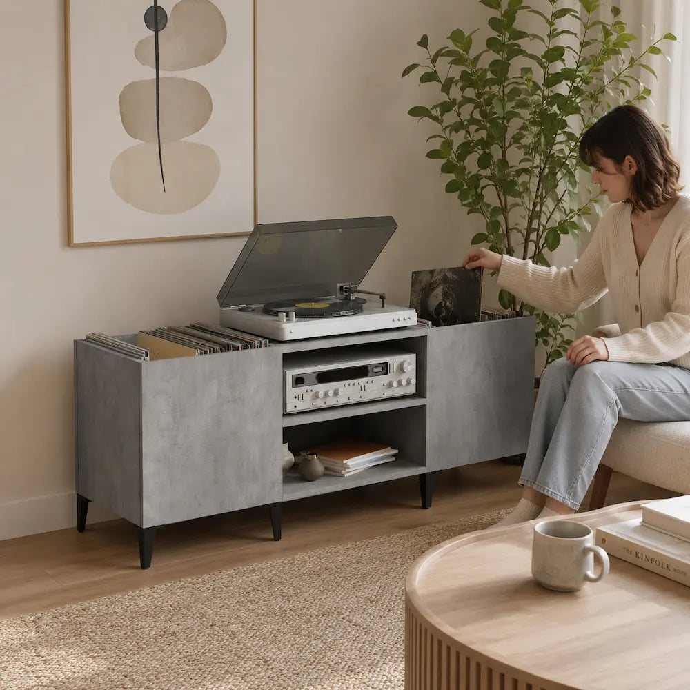 Meuble vinyle pour platine - Gris béton - 121 x 38 x 48 cm